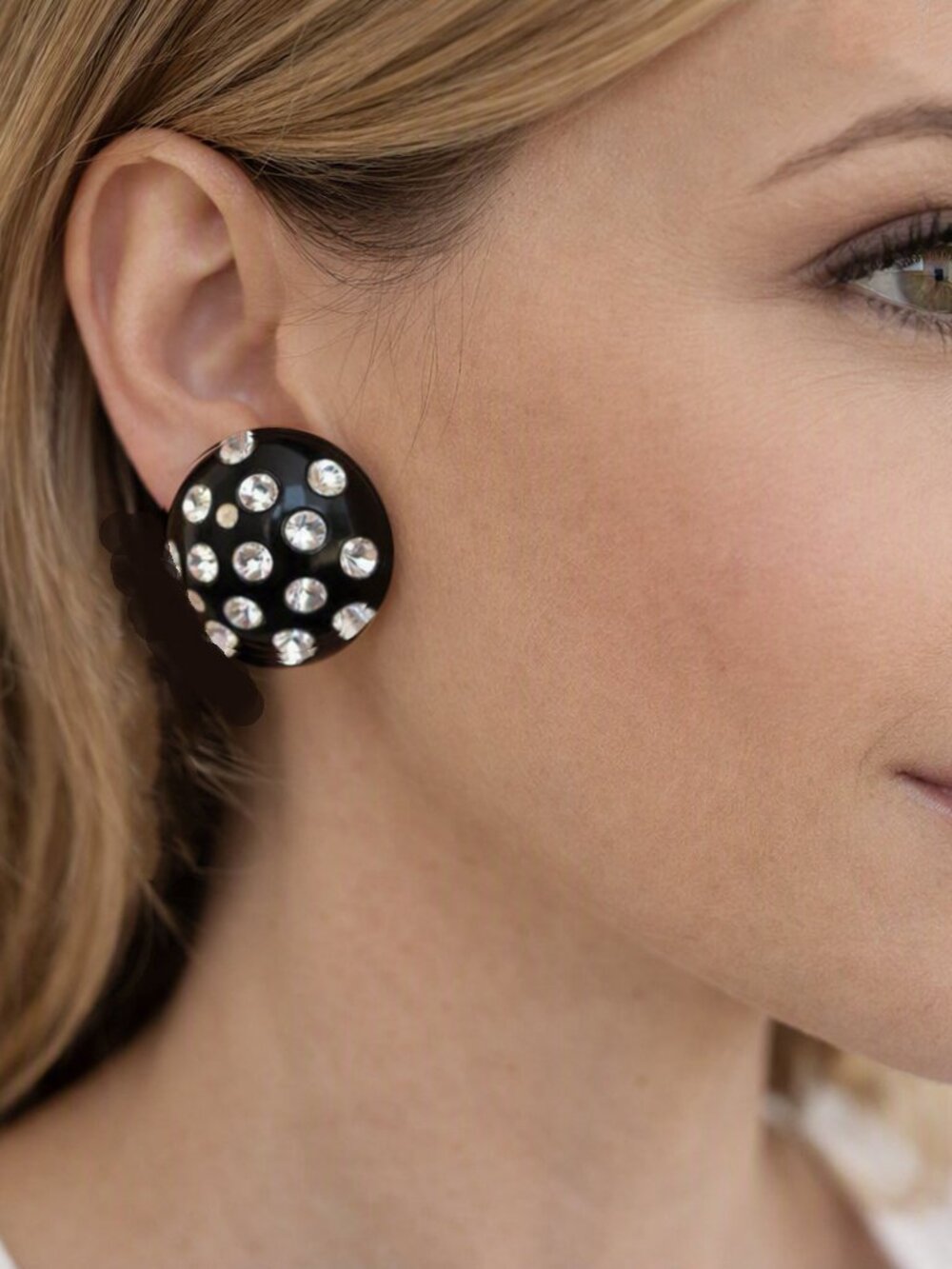 Vintage Black Enamel Gold Tone & White Rhinestone Domed Round Clip On Ear Studs